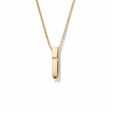Gold necklace with a rectangular pendant on a white background