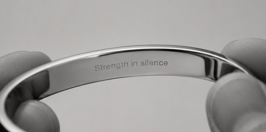 A close-up of a polished silver cuff bracelet held between two hands, with the engraved words 'strength in alliance' visible on the inside. The image is in grayscale and includes the word 'personalization' at the bottom.